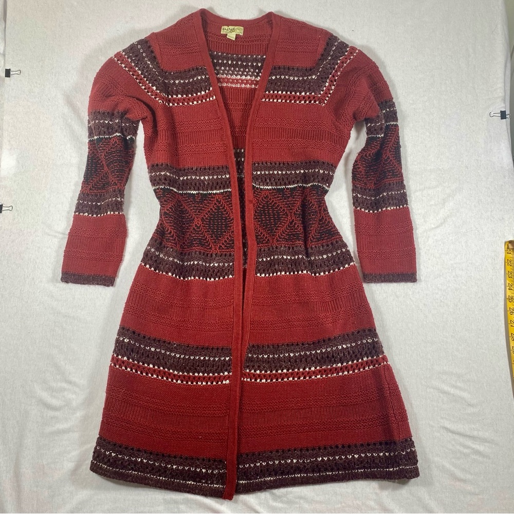 Energe Red Maroon Knit Duster Cardigan Sweater Open Knit Size XL